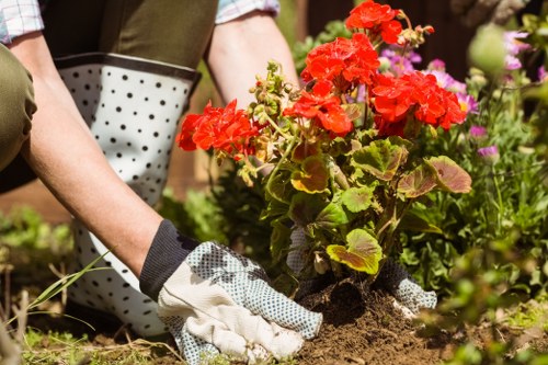 Professional gardeners maintaining safe working standards