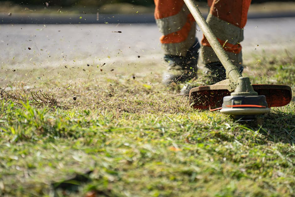 A person wearing orange and gray work clothing is using a petrol-powered brush cutter to trim grass and weeds along a garden border. The tool's orange and black cutting head is close to the soil, scat